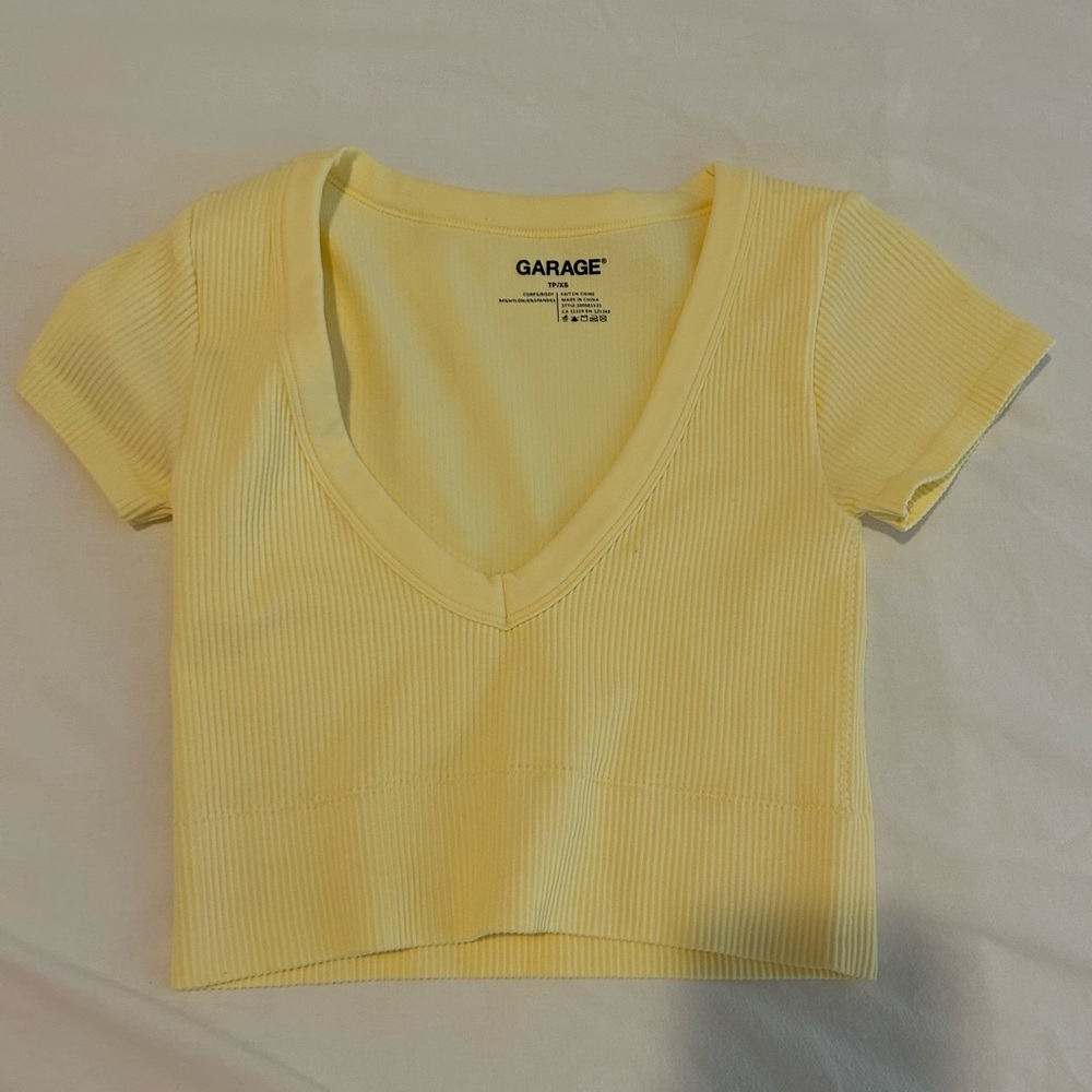 Garage Clothing Yellow V-Neck Short Sleeve Ribbed Crop Top